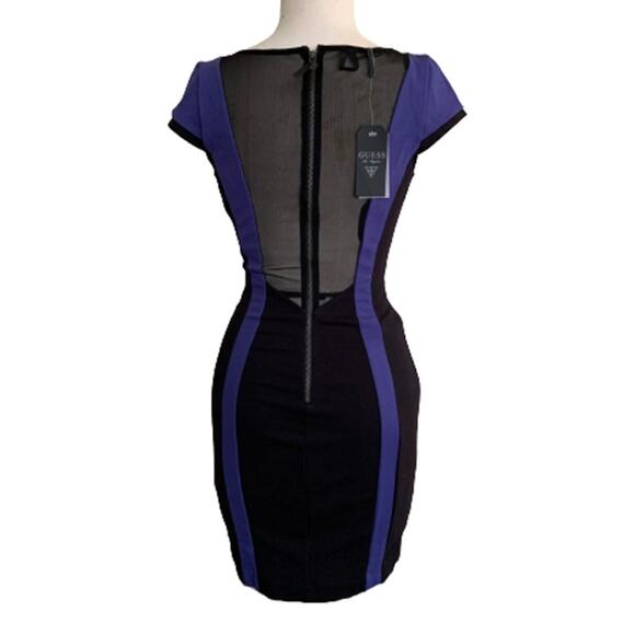 GUESS Bodycon Mini Dress Cap Sleeves Black Mesh Zip Back Round Neck 6 NWT - Picture 3 of 5